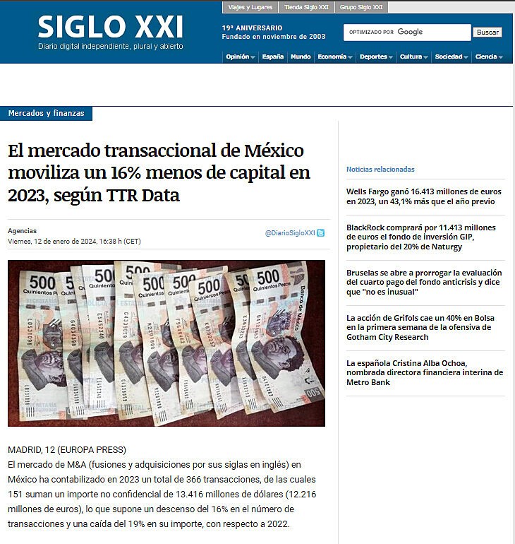 El mercado transaccional de Mxico moviliza un 16% menos de capital en 2023, segn TTR Data